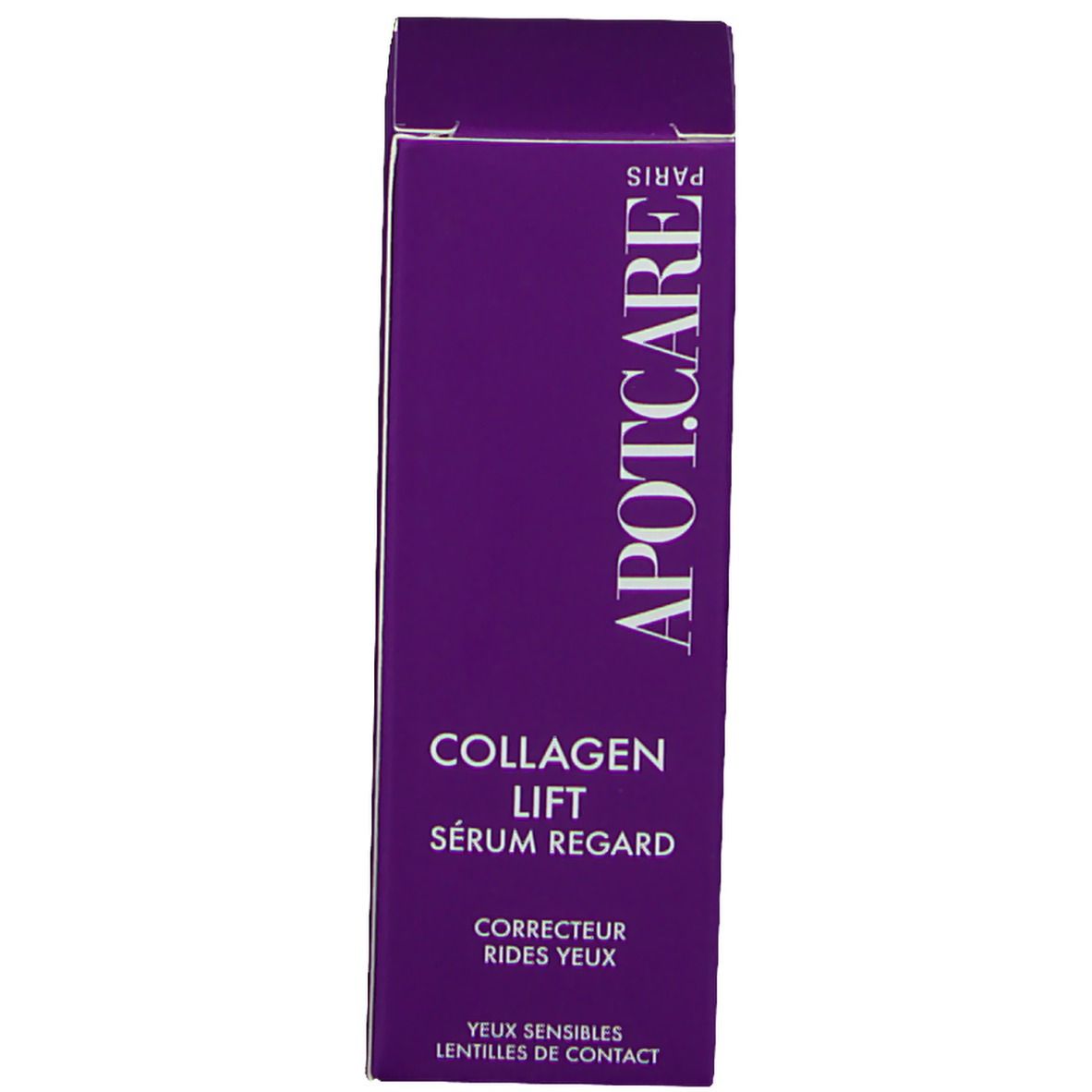 Produktverpackung mit APOT.CARE-Logo und Produktname: Collagen Lift Sérum regard. Lila Hintergrund.