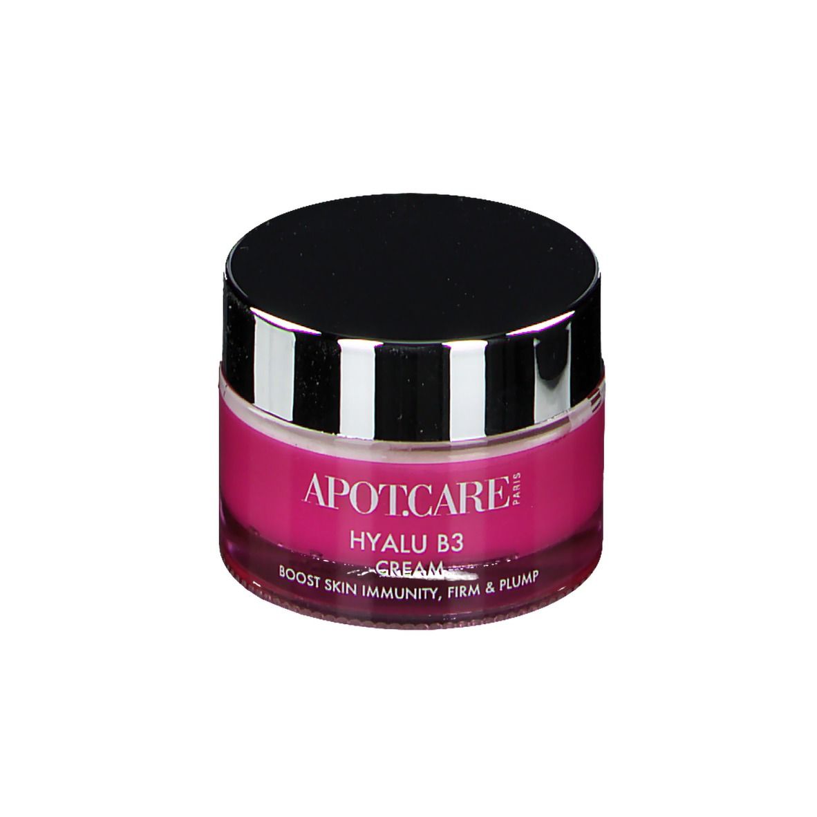 Pot de crème rond avec couvercle noir et bord argenté. Étiquette rose avec inscription: APOT.CARE HYALU B3 CREAM.