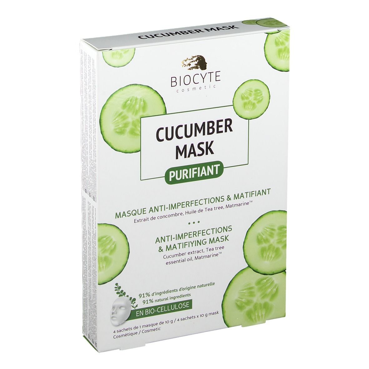 Schachtel mit Biocyte Cucumber Mask®. Vorderseite mit Produktname, Gurkenscheiben und Logo. Text: Anti-Unreinheiten & mattierende Maske.