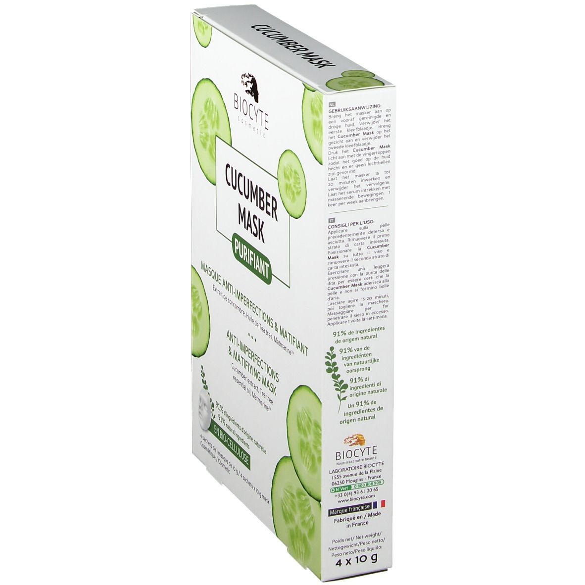 Schachtel Biocyte Cucumber Mask® in Schrägansicht. Produktname, Gurkenscheiben und Logo. Text: Anti-Unreinheiten & mattierende Maske. 4 x 10 g.