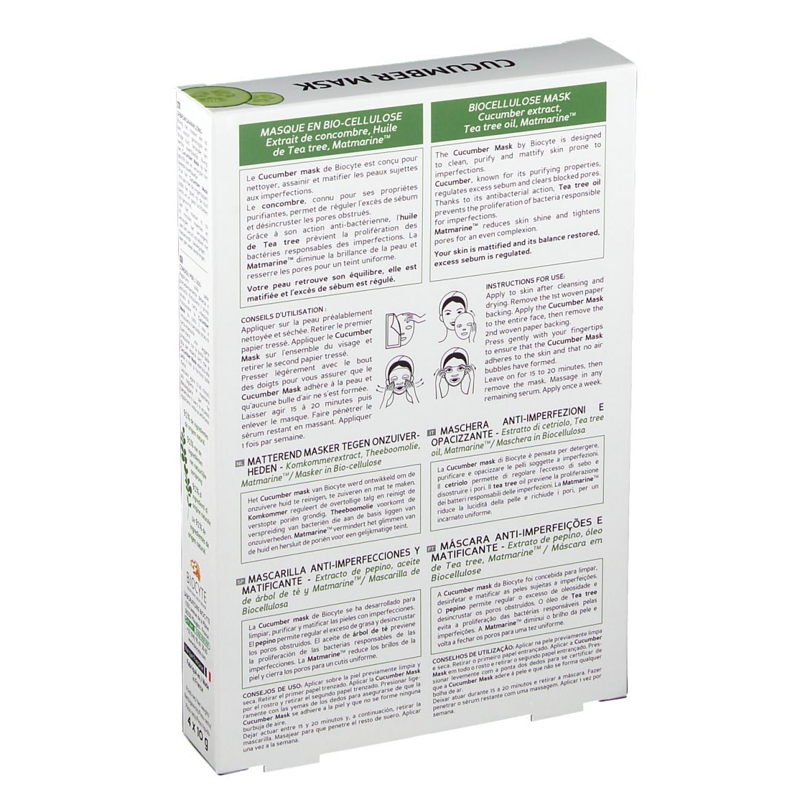 Rückseite der Biocyte Cucumber Mask®-Schachtel. Text in mehreren Sprachen. Produktname, Gurkenscheiben und Logo. 4 x 10 g.
