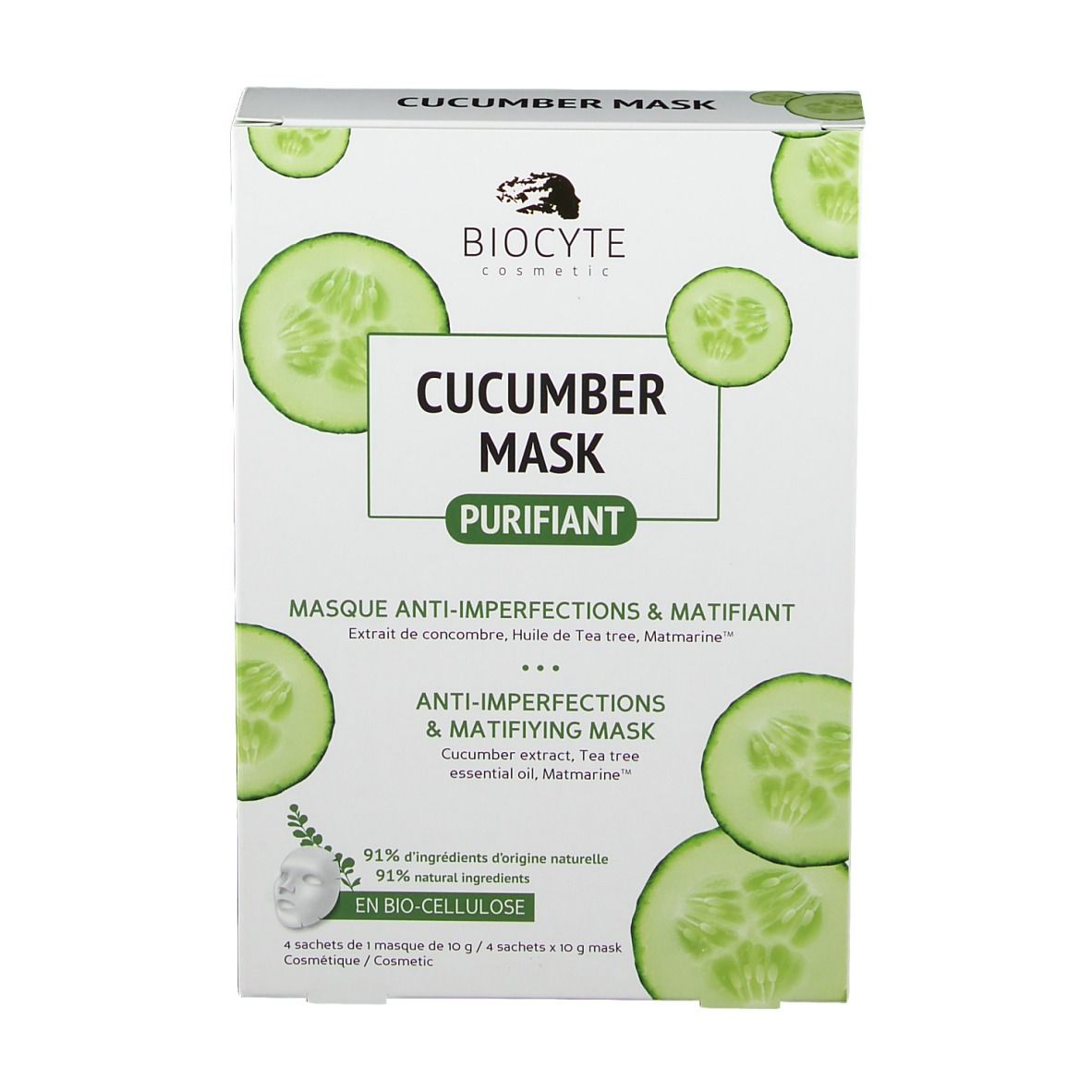 Biocyte Cucumber Mask®-Schachtel. Vorderansicht. Produktname, Gurkenscheiben und Logo. Text: Anti-Unreinheiten & mattierende Maske. 4 Masken.