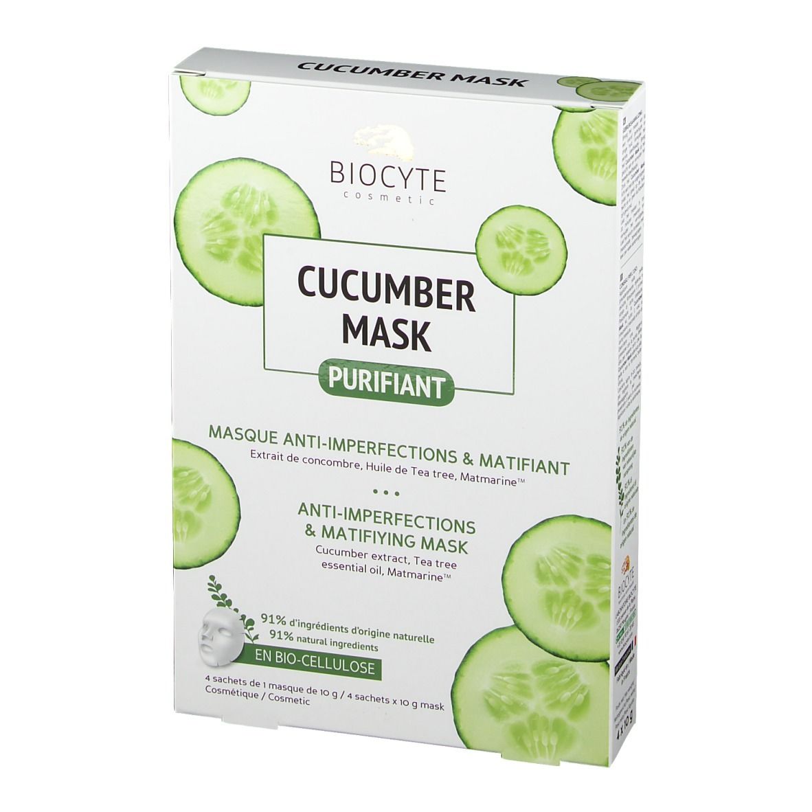 Biocyte Cucumber Mask®-Schachtel. Vorderansicht. Produktname, Gurkenscheiben und Logo. Text: Anti-Unreinheiten & mattierende Maske. 4 Masken.