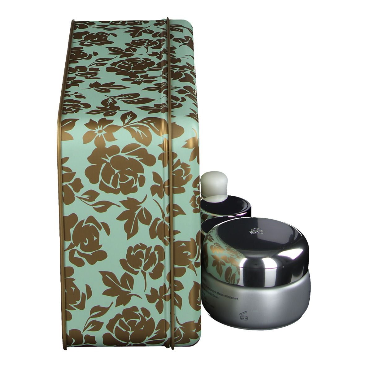 Coffret cadeau avec boîte et crèmes. Boîte turquoise à fleurs dorées. Crèmes avec couvercles argentés. Boîte debout.