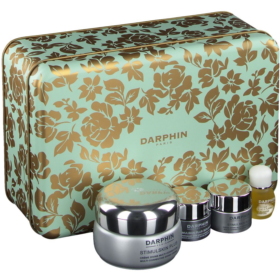 Coffret cadeau avec boîte et crèmes. Boîte turquoise à fleurs dorées. Crèmes avec couvercles argentés. Inscription : DARPHIN, STIMULSKIN PLUS.