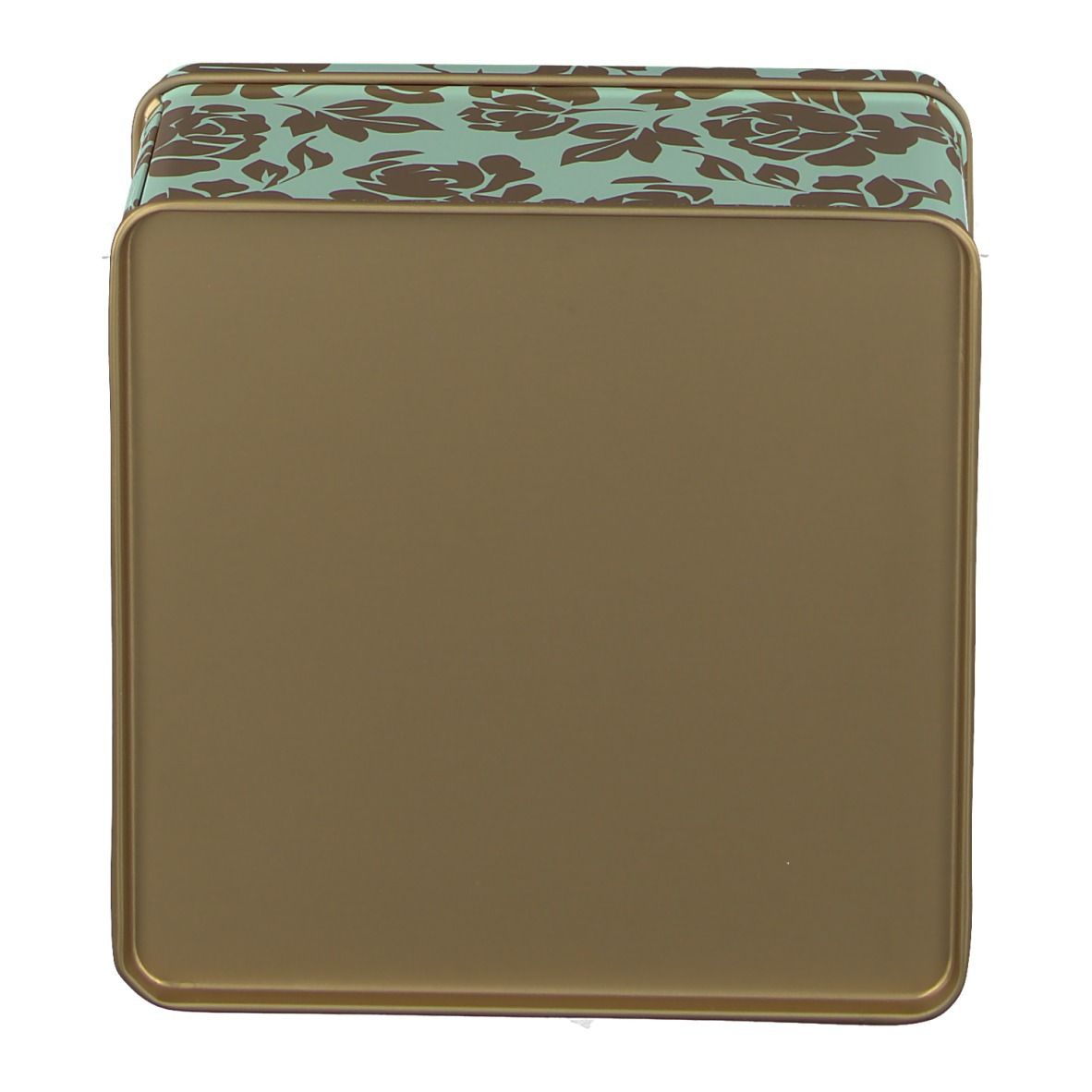 Draufsicht auf die Geschenkbox. Mintgrün mit goldenen Blumenmustern und goldfarbenem Rand.