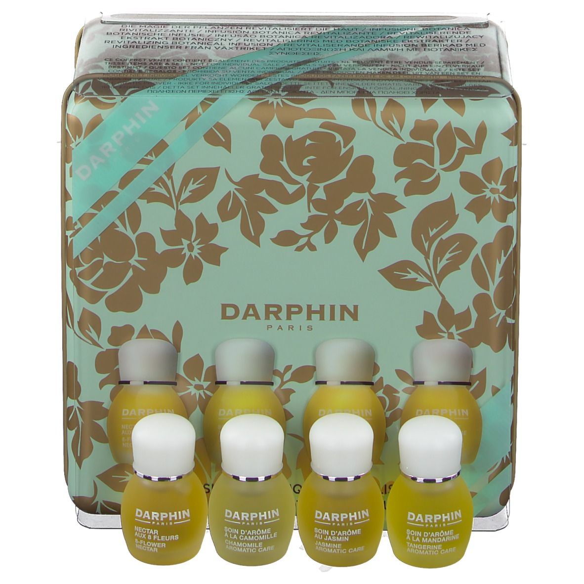 Geschenkbox mit acht kleinen Flaschen. Die Box ist mintgrün mit goldenen Blumenmustern. Auf der Box steht "DARPHIN PARIS".