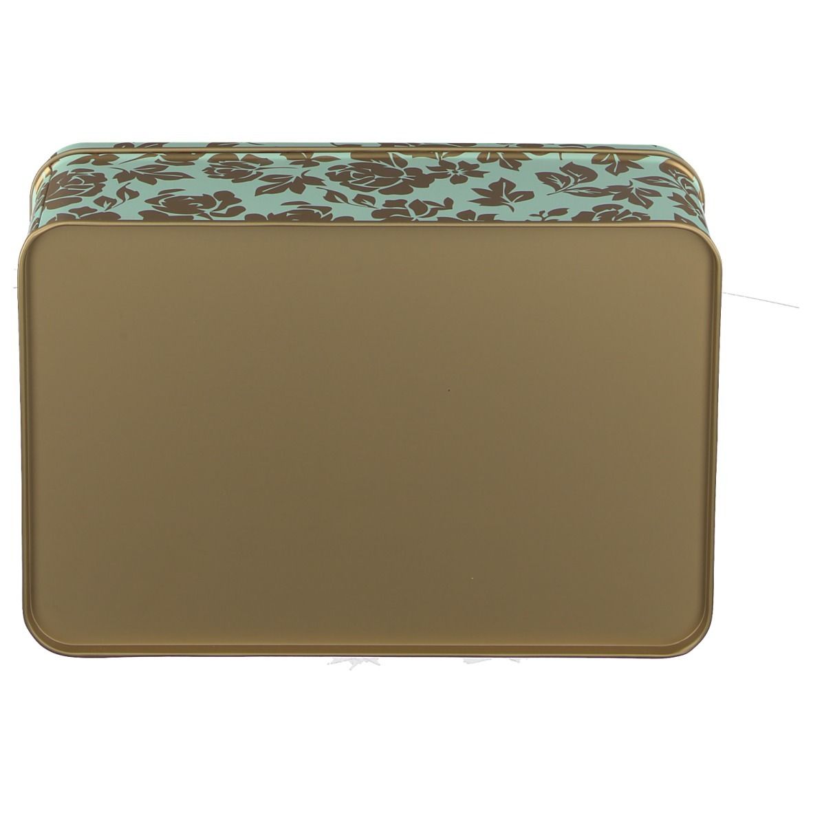 Rechteckige Geschenkbox mit floralem Muster. Goldfarbener Rand.