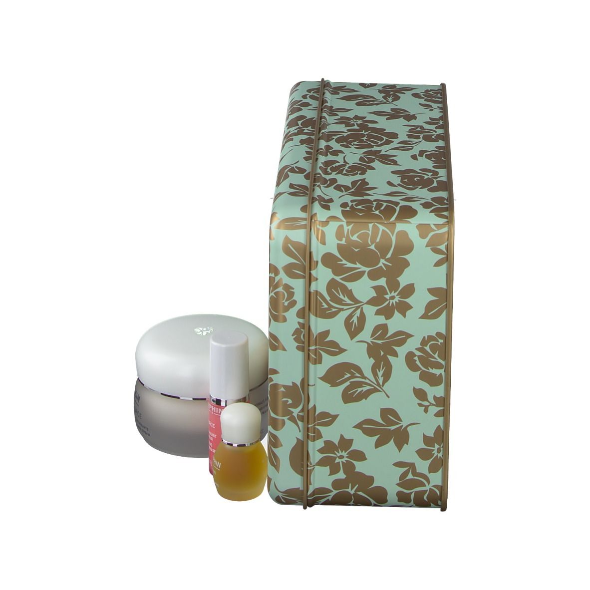 Geschenkbox mit floralem Muster und Produkte. Marke: DARPHIN.