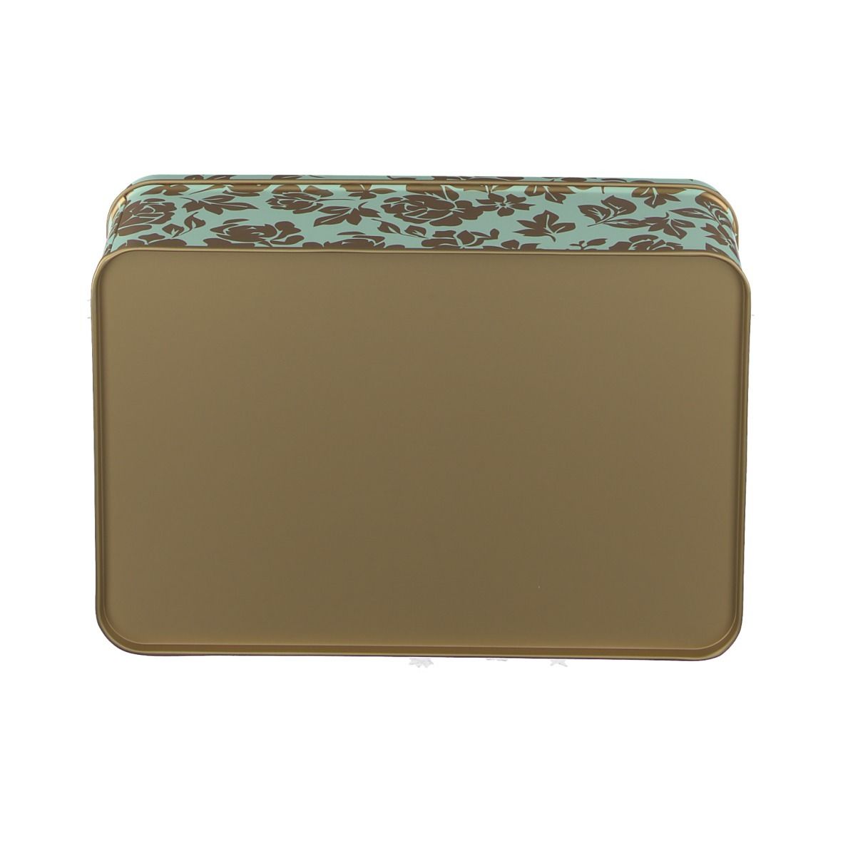 Rechteckige Geschenkbox mit floralem Muster. Goldfarbener Boden, türkisfarbener Deckel.