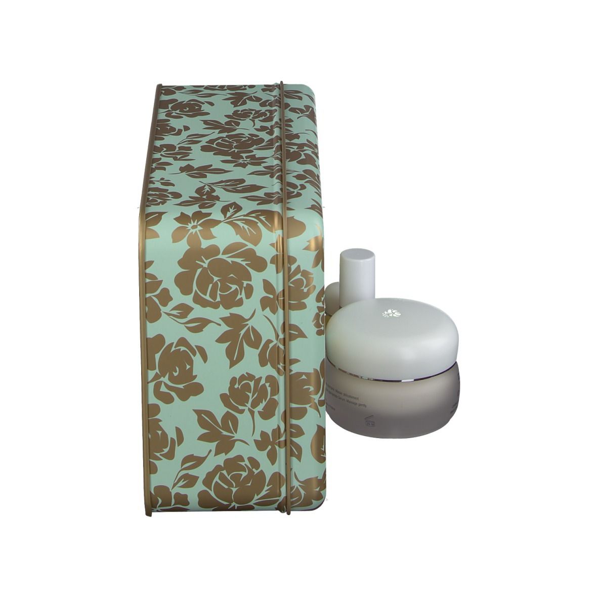 Geschenkbox mit floralem Muster und Produkte. Marke: DARPHIN.