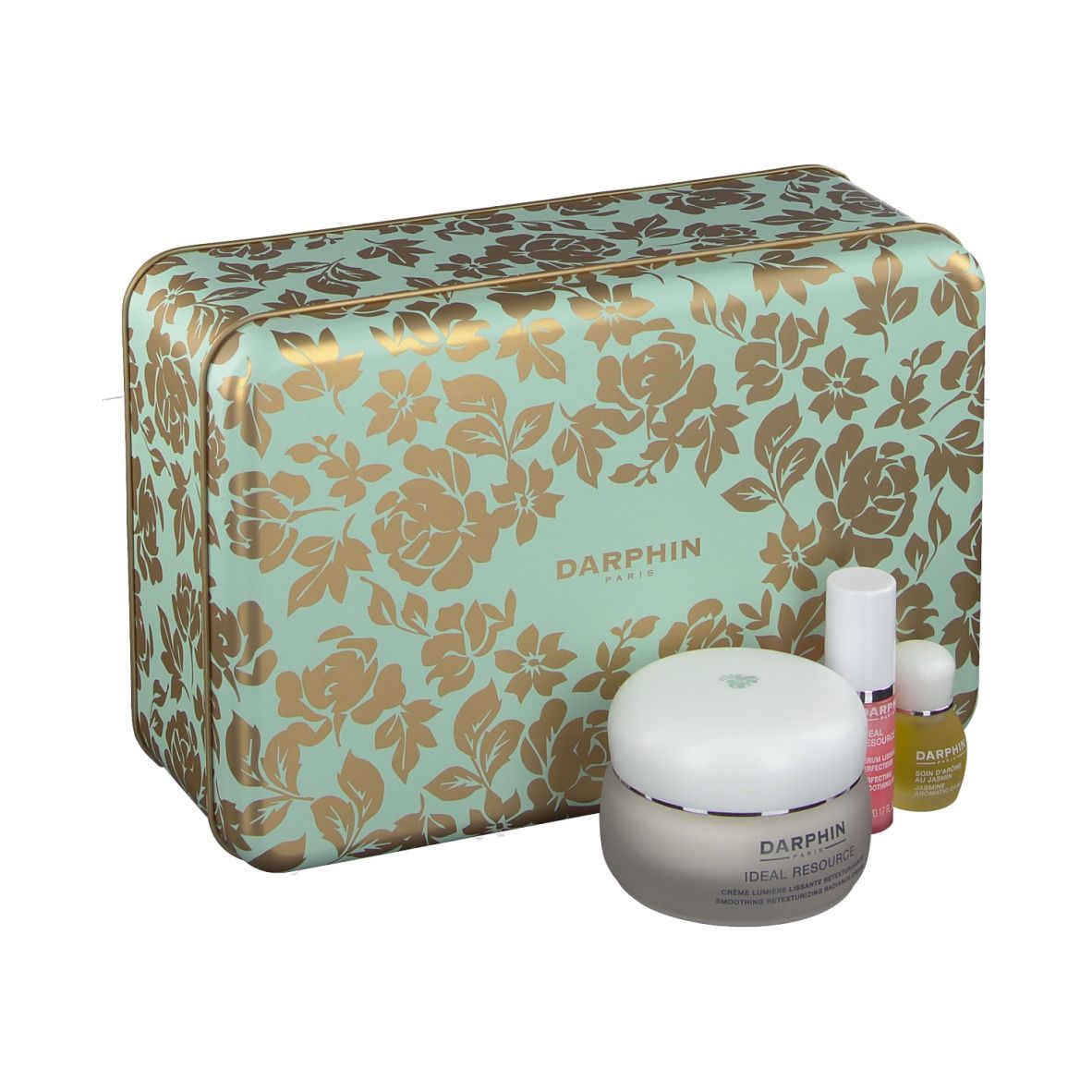 Geschenkbox mit floralem Muster, enthält Creme, Serum und Öl. Marke: DARPHIN.