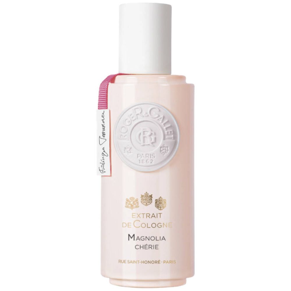 Rosa Flasche mit weißem Deckel. Aufschrift: Extrait de Cologne Magnolia Chérie. Logo Roger & Gallet.