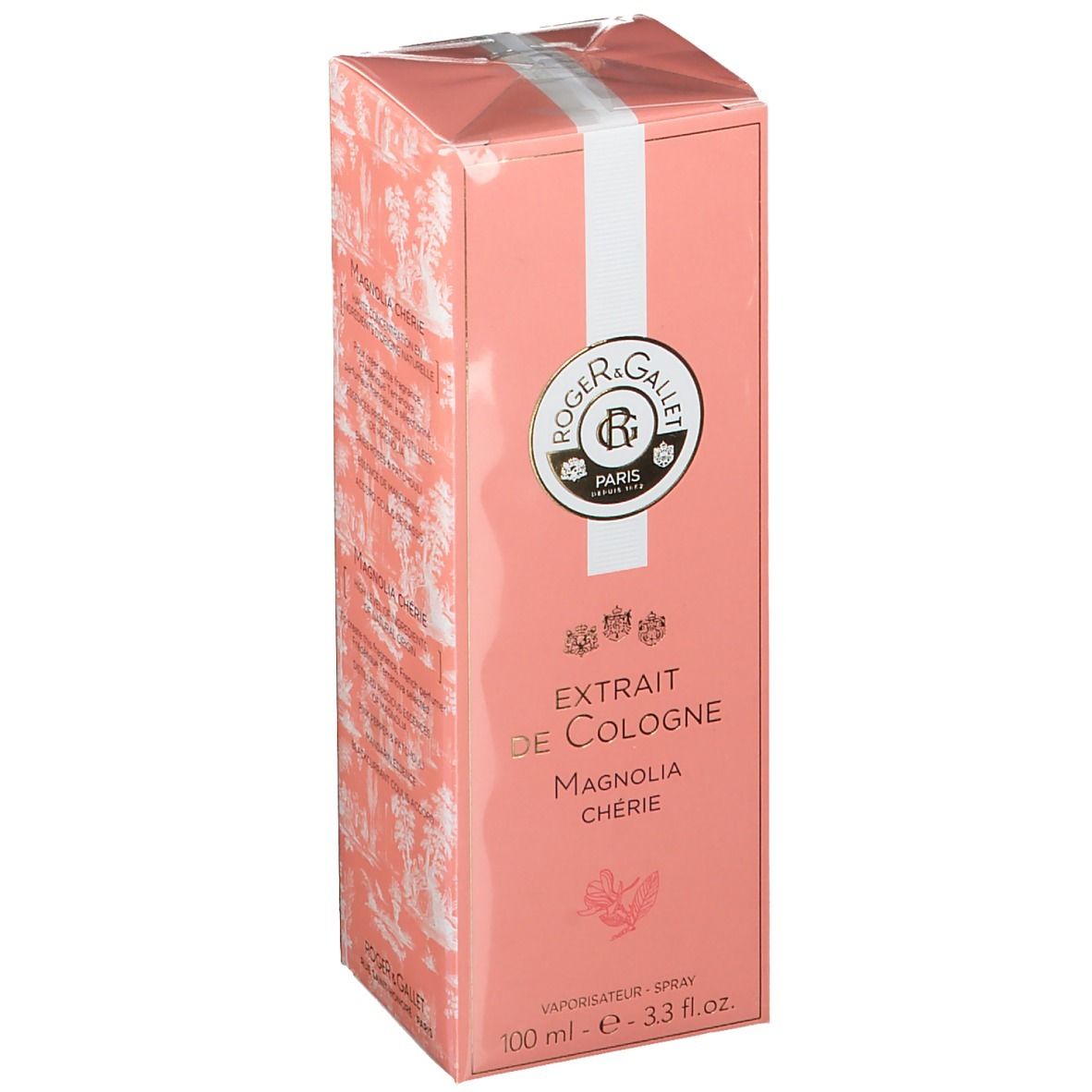 Rosa Schachtel mit weißem Streifen. Aufschrift: Extrait de Cologne Magnolia Chérie. Logo Roger & Gallet. 100 ml.