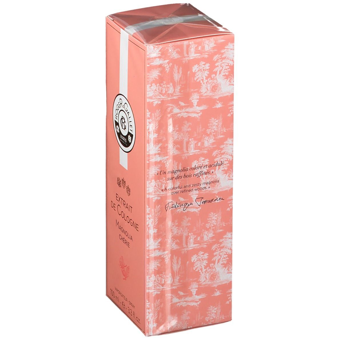 Rosa Schachtel mit weißem Streifen. Aufschrift: Extrait de Cologne Magnolia Chérie. Logo Roger & Gallet. Text auf der Seite.