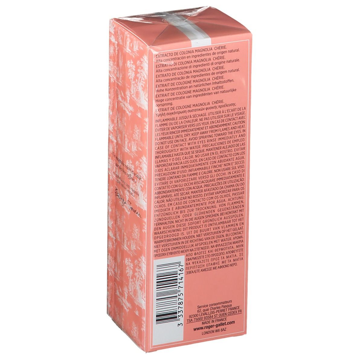 Rosa Schachtel mit weißem Streifen. Aufschrift: Extrait de Cologne Magnolia Chérie. Logo Roger & Gallet. Text auf der Seite.