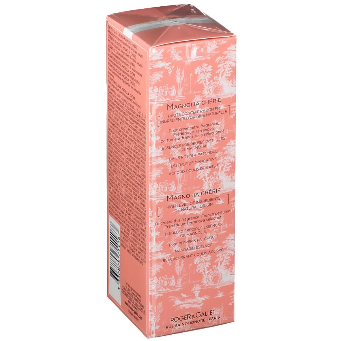 Rosa Schachtel mit weißem Streifen. Aufschrift: Extrait de Cologne Magnolia Chérie. Logo Roger & Gallet. Text auf der Seite.