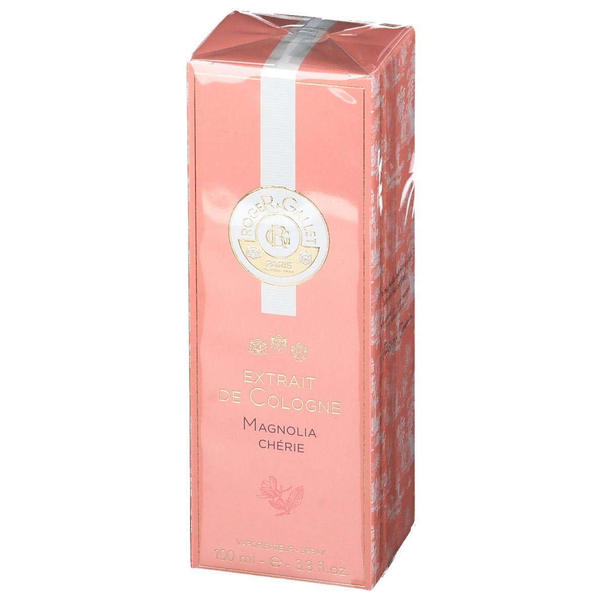 Rosa Schachtel mit weißem Streifen. Aufschrift: Extrait de Cologne Magnolia Chérie. Logo Roger & Gallet. 100 ml.
