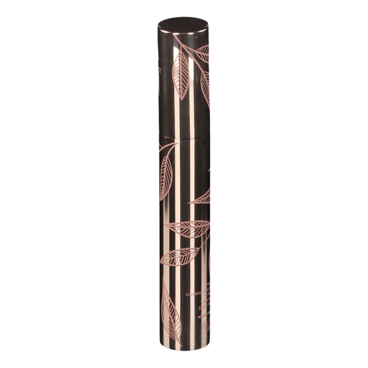 Tube de mascara et emballage. Design rose doré avec feuilles. Texte: LE VOLUMINEUX, CENT PUR CENT.