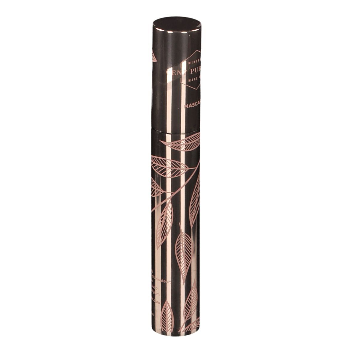 Tube de mascara et emballage. Design rose doré avec feuilles. Texte: LE VOLUMINEUX, CENT PUR CENT.