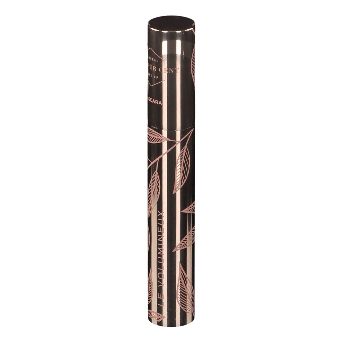 Tube de mascara. Design rose doré avec feuilles. Texte: LE VOLUMINEUX.