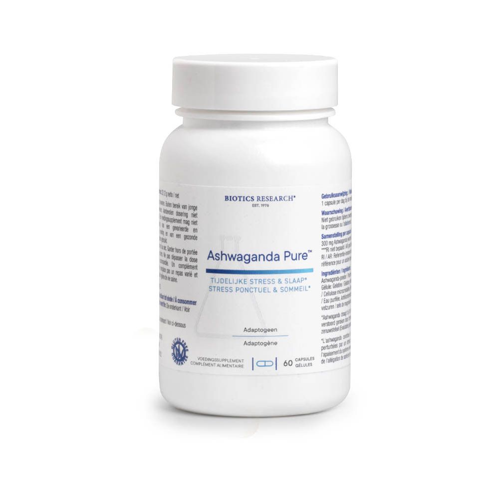 Weiße Flasche mit Kapseln. Aufschrift: Ashwaganda Pure, BIOTICS RESEARCH®. 60 Kapseln.