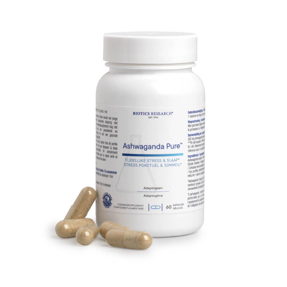 Weiße Flasche mit Kapseln. Aufschrift: Ashwaganda Pure, BIOTICS RESEARCH®. 60 Kapseln. Einige Kapseln daneben.