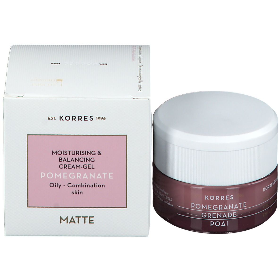 Produktverpackung und Tiegel. Weiße Schachtel mit rosa Feld und Produktinformationen. Tiegel mit weißem Deckel und braunem Behälter.
