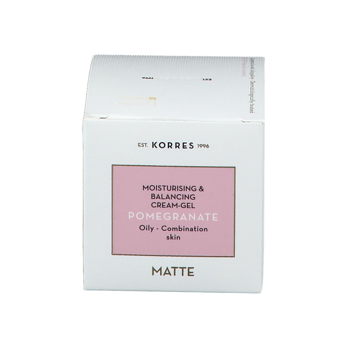Weiße Produktverpackung mit rosa Feld und Produktinformationen. Marke KORRES, Produktname und Beschreibung.