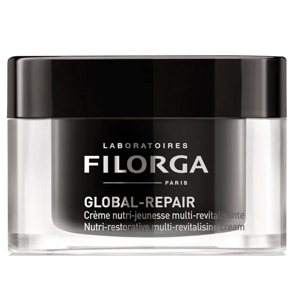 Pot de crème noir et transparent. Inscription: Filorga Global-Repair. Crème nutri-jeunesse multi-revitalisante.