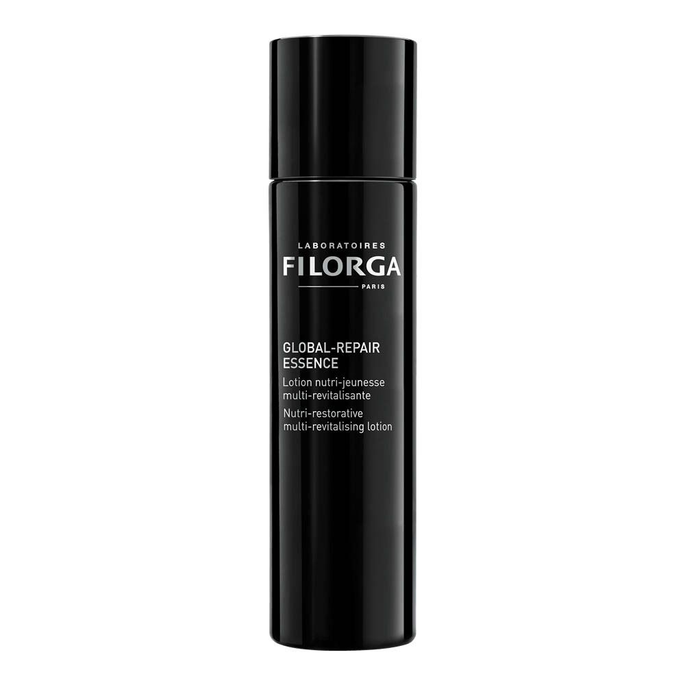 FILORGA Global-Repair Essence. Flacon noir avec étiquette blanche. Nom et informations du produit.