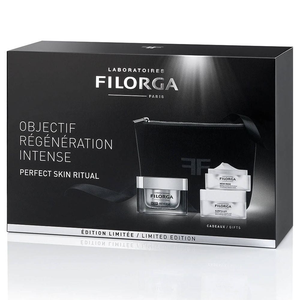 Coffret cadeau noir avec cosmétiques. Logo Filorga et texte 'Objectif Régénération Intense' visibles.