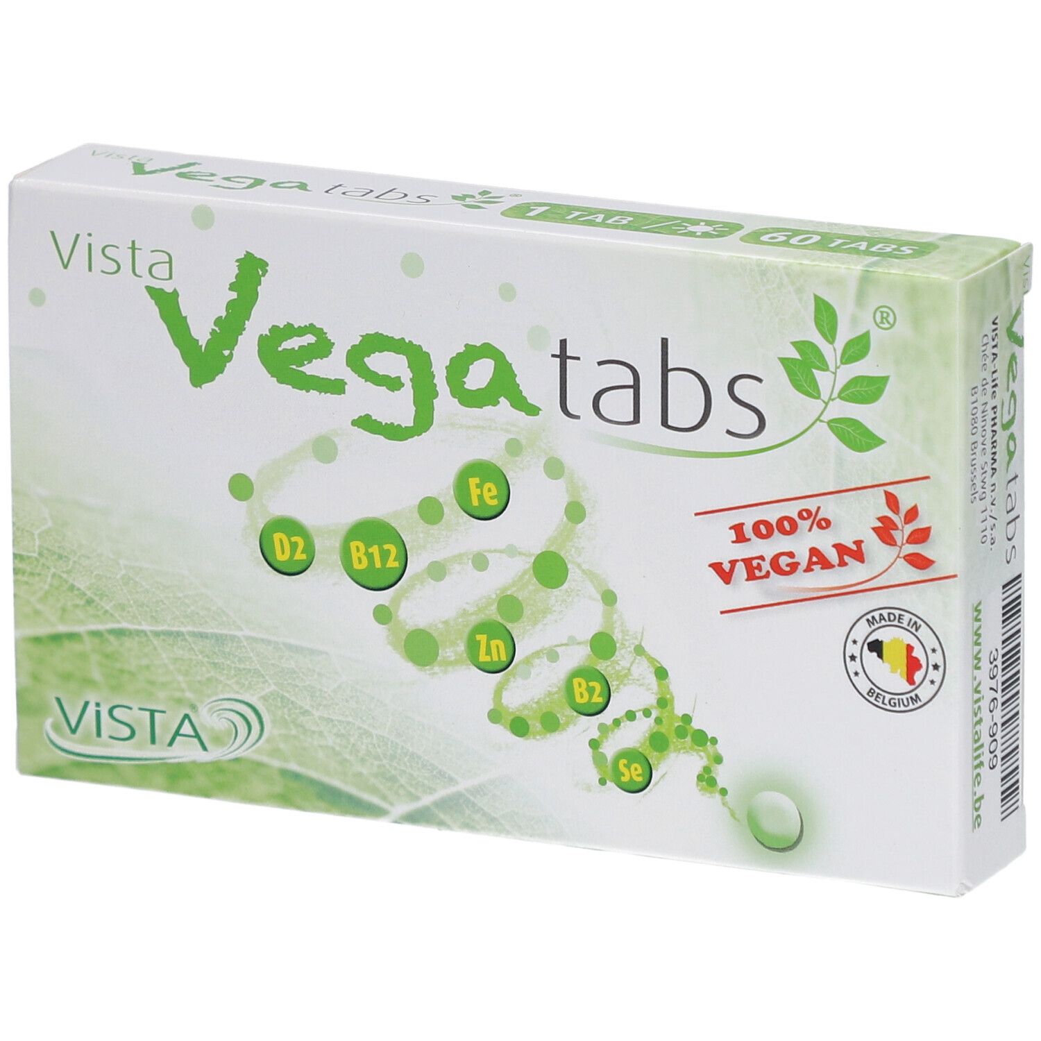 Karton mit Vista Vegatabs. Aufschrift: 100% vegan, 60 Tabletten. Enthält Vitamine und Mineralien.