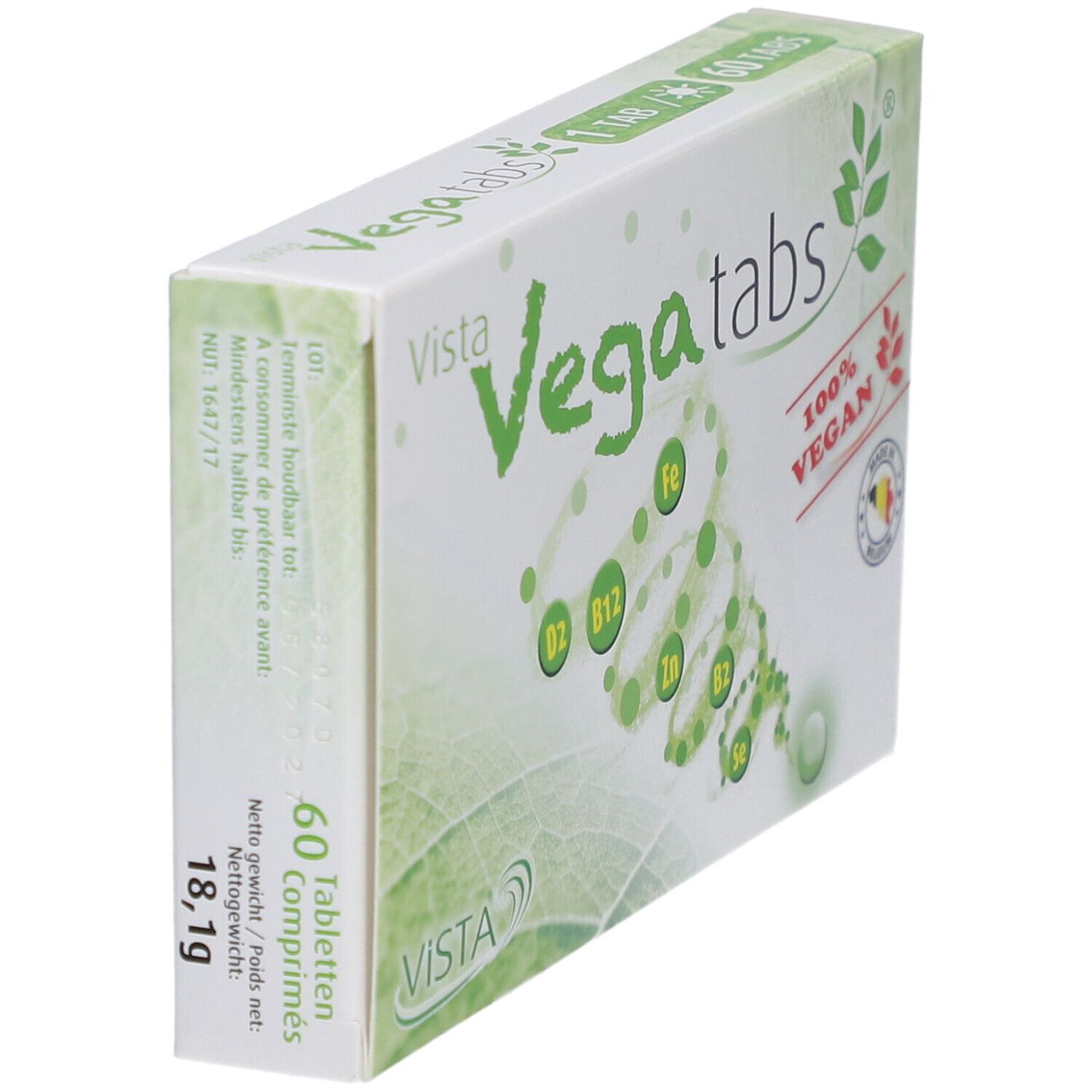 Schräg gestellte Vista Vegatabs-Verpackung. Aufschrift: 60 Tabletten, 100% vegan. Enthält Vitamine und Mineralien.