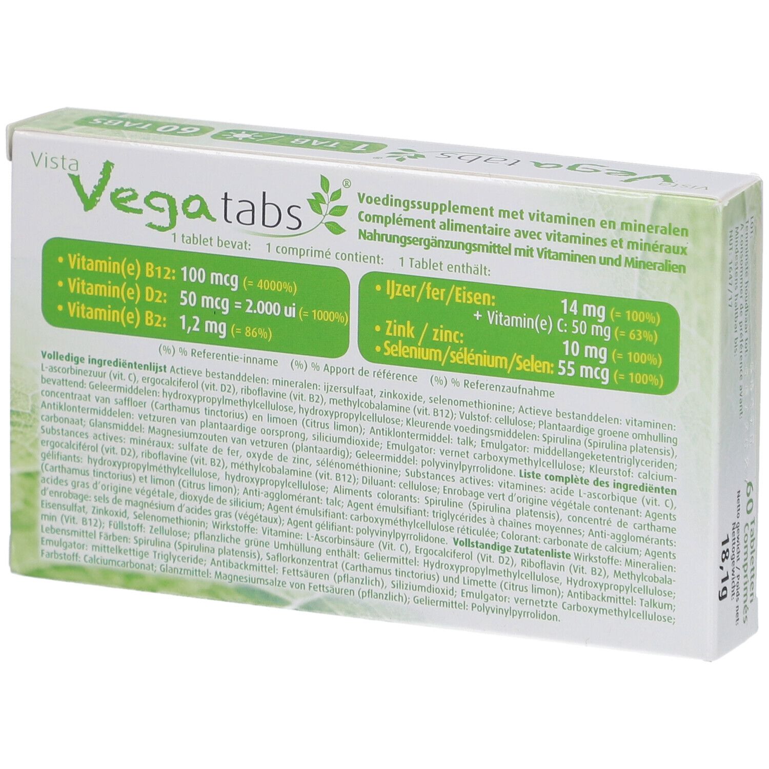 Rückseite der Vista Vegatabs-Verpackung. Enthält Informationen zu Vitaminen, Mineralien und Inhaltsstoffen.