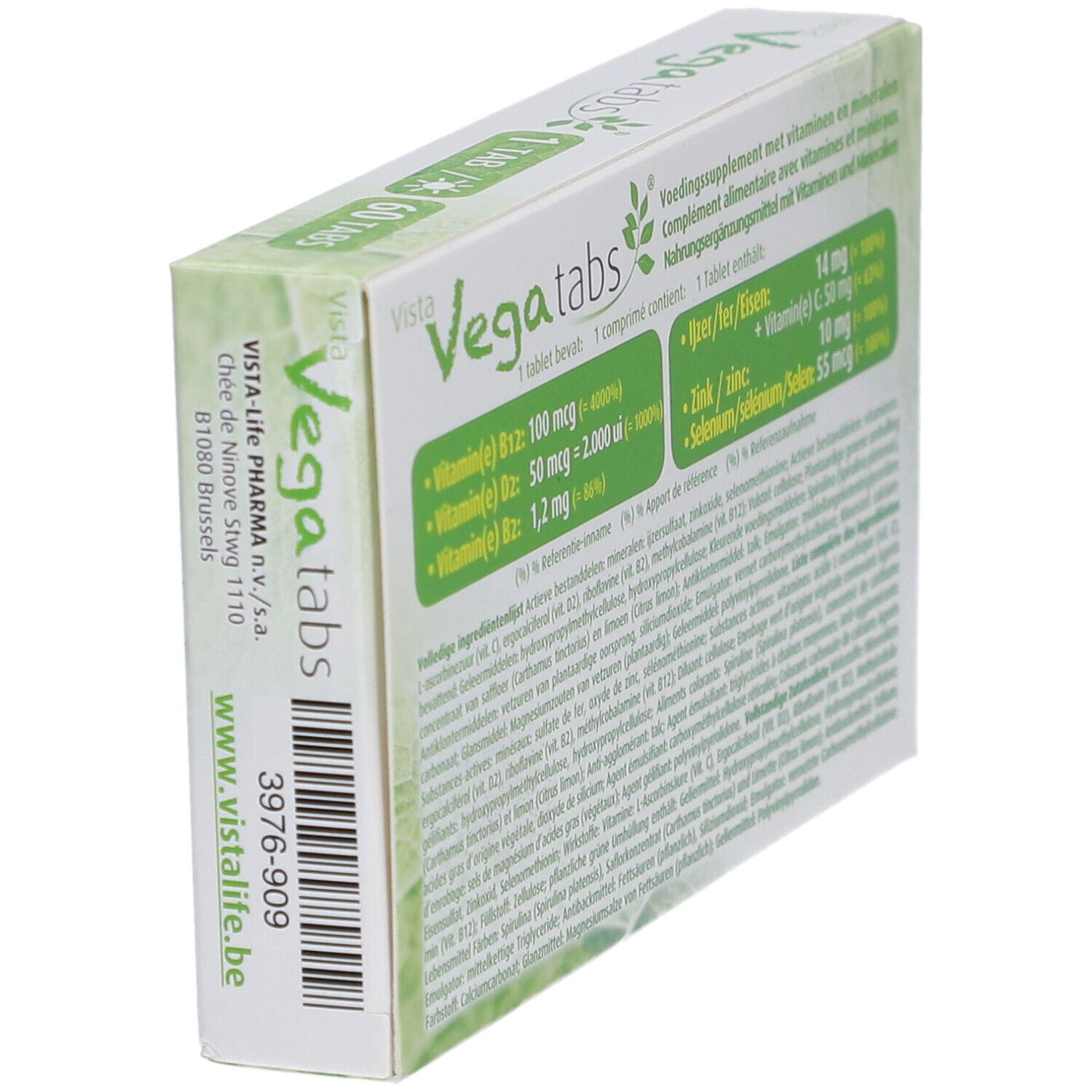 Rückseite der Vista Vegatabs-Verpackung. Enthält Informationen zu Vitaminen, Mineralien und Inhaltsstoffen.
