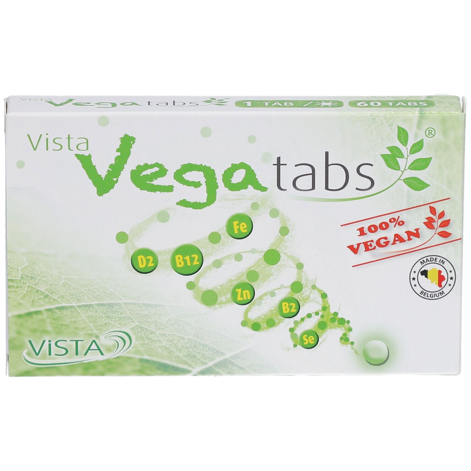 Karton mit Vista Vegatabs. Aufschrift: 100% vegan, 60 Tabletten. Enthält Vitamine und Mineralien.