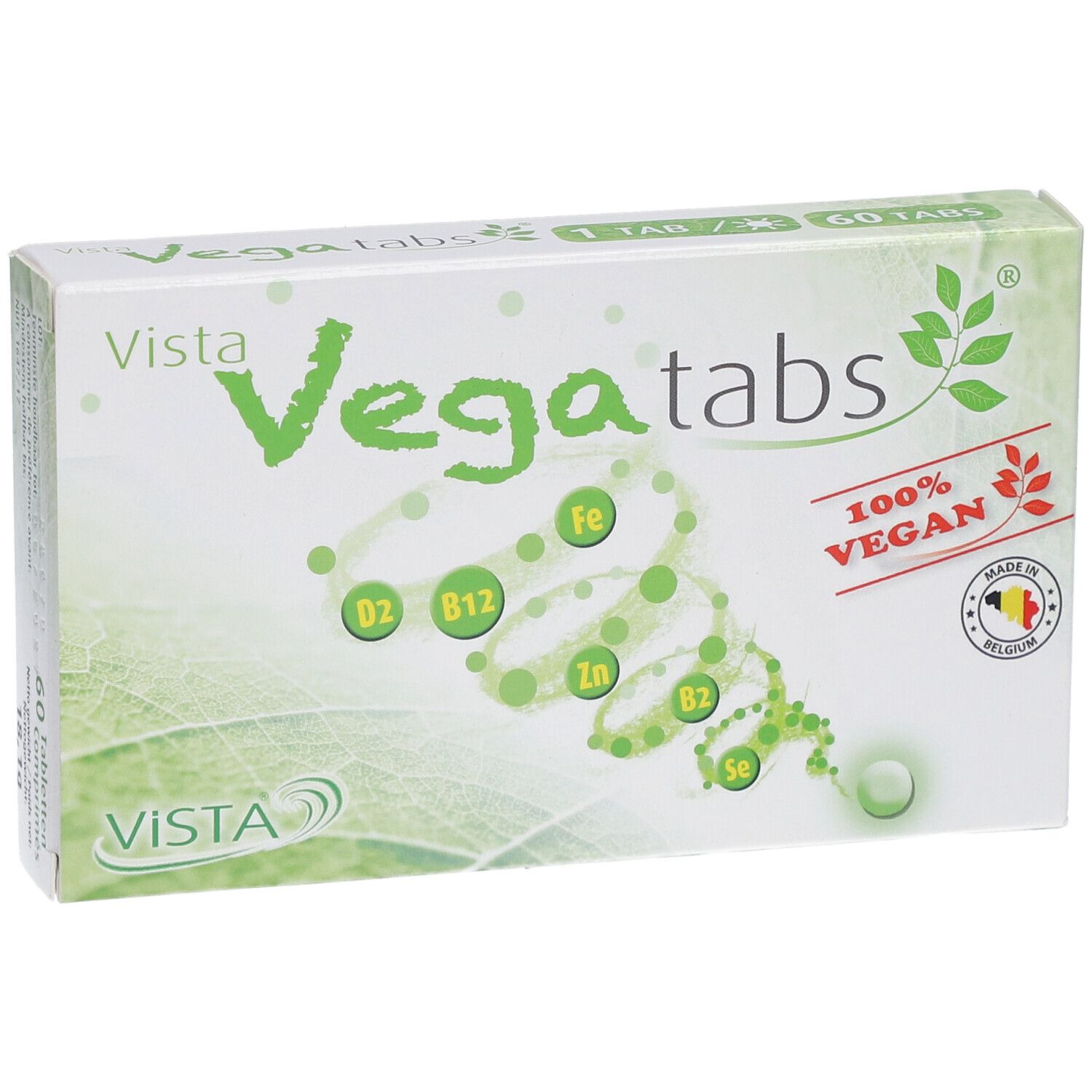 Karton mit Vista Vegatabs. Aufschrift: 100% vegan, 60 Tabletten. Enthält Vitamine und Mineralien.