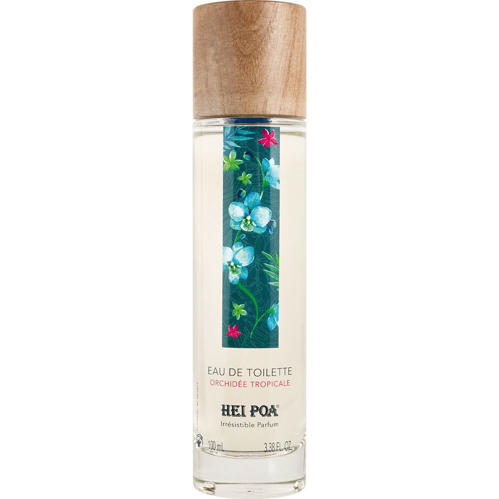 Flacon cylindrique avec bouchon en bois. Motif floral sur l'étiquette. Texte: HEI POA, EAU DE TOILETTE, Orchidée Tropicale.