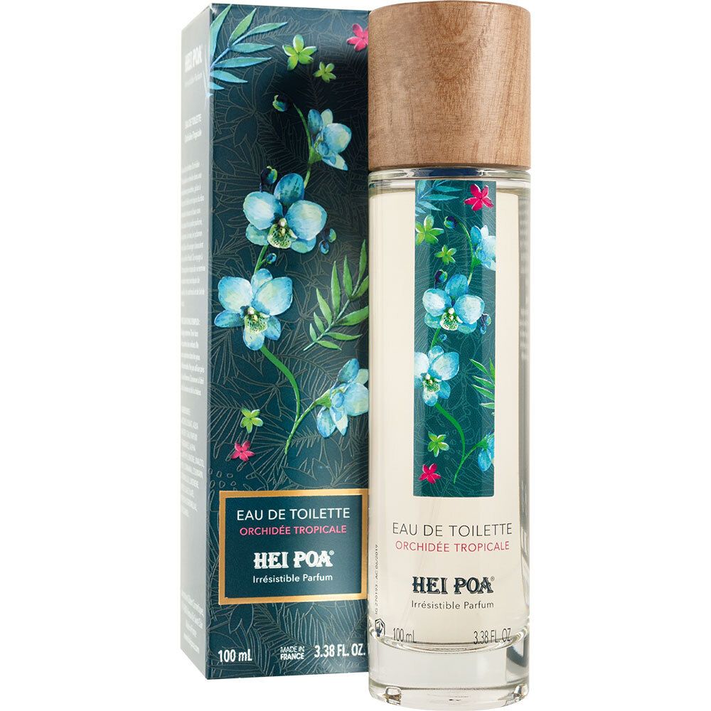 Flacon et emballage. Flacon: cylindrique, bouchon bois, motif floral. Emballage: bleu foncé, motif floral, texte.