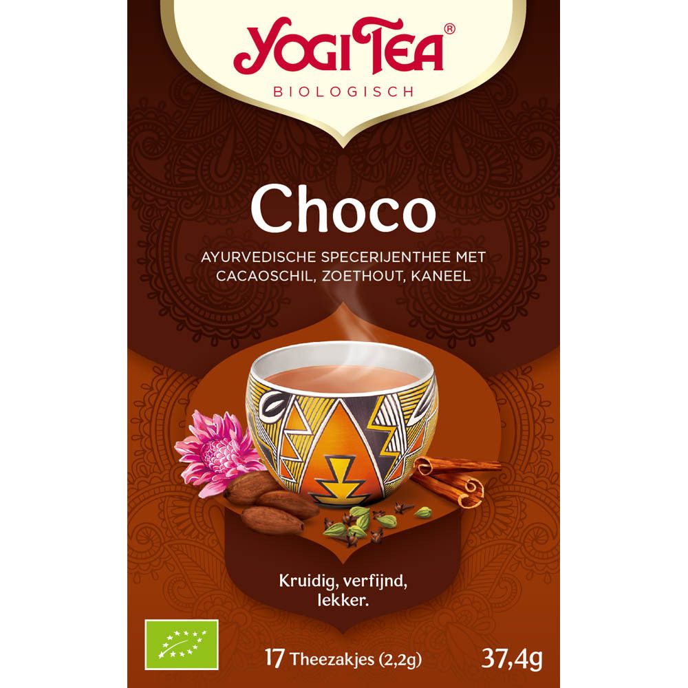 Boîte de Yogi Tea® Choco. Marron, nom du produit, ingrédients et logo. 17 sachets, 37,4g. Label AB Bio.