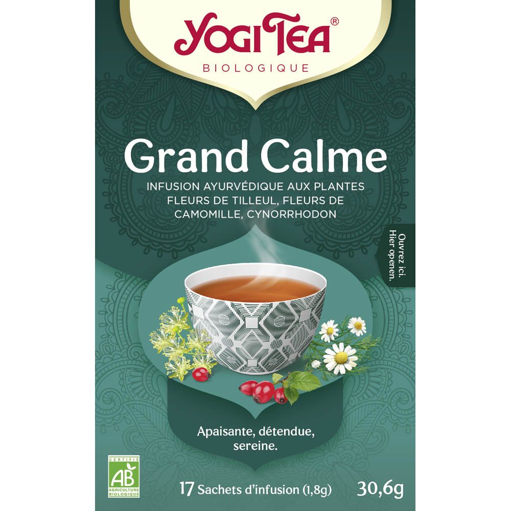 Boîte de thé Yogi Tea® Grand Calme. Design floral. 17 sachets. Texte: Grand Calme, Infusion ayurvédique aux plantes.