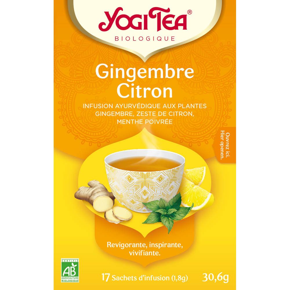 Boîte Yogi Tea® Gingembre Citron. 17 sachets, 30,6g. Label AB. Illustration avec gingembre, citron, menthe. Thé ayurvédique.