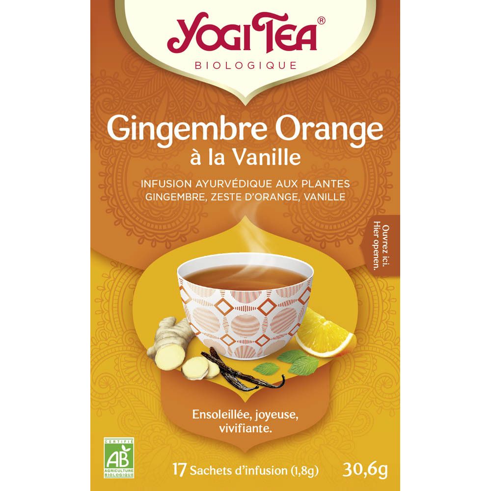 Boîte de Yogi Tea® Gingembre Orange à la Vanille, 17 sachets. Label AB. Image du produit et texte sur le devant.