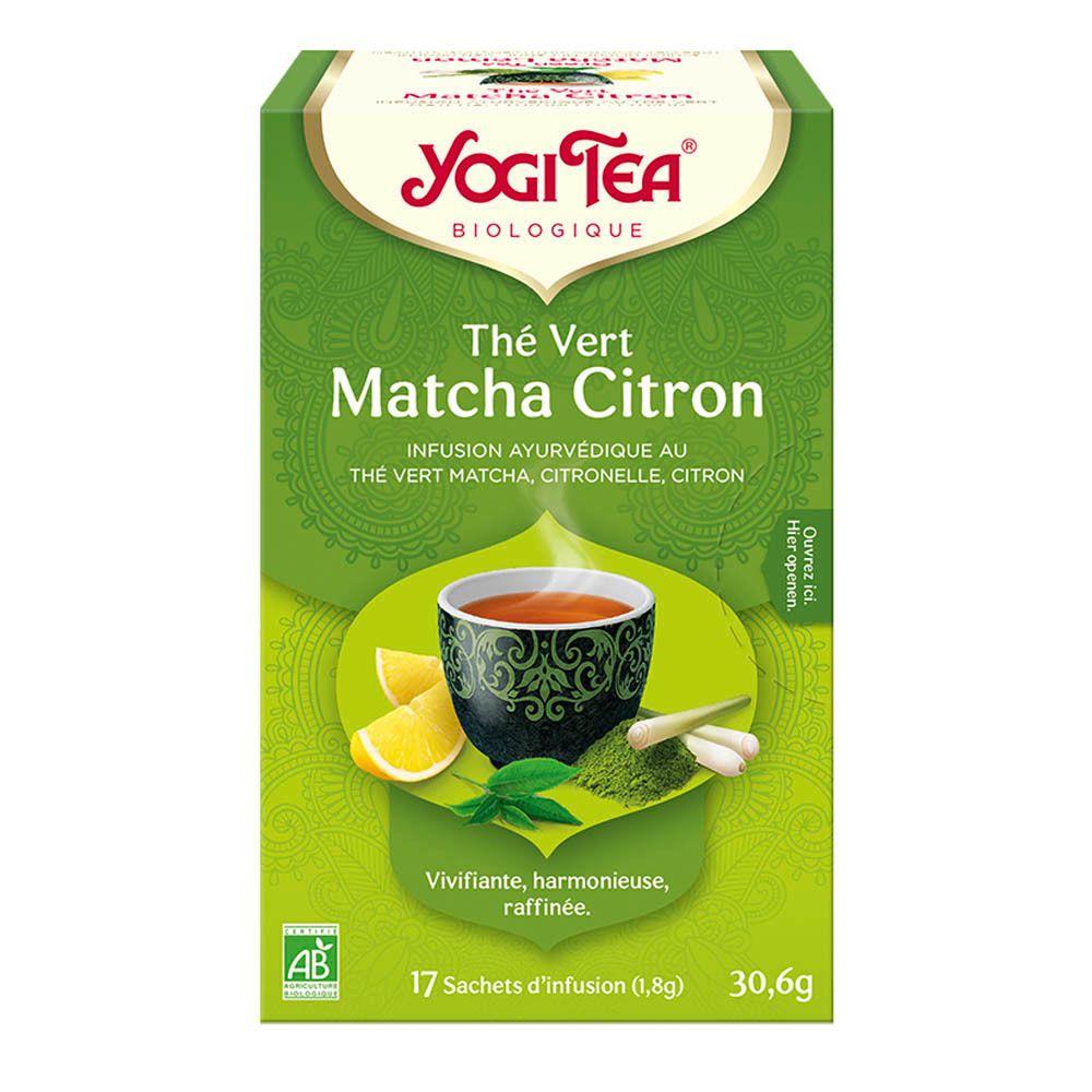 Face avant de la boîte de thé. Yogi Tea, thé vert Matcha Citron. 17 sachets, 30,6g.