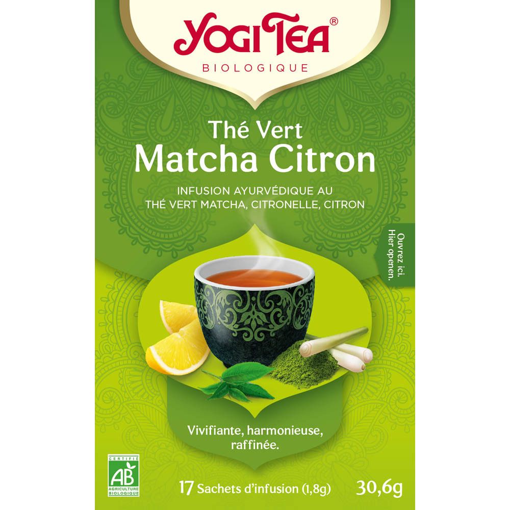 Dos de la boîte de thé. Code-barres, illustration de yoga, informations sur le site web et date de péremption.