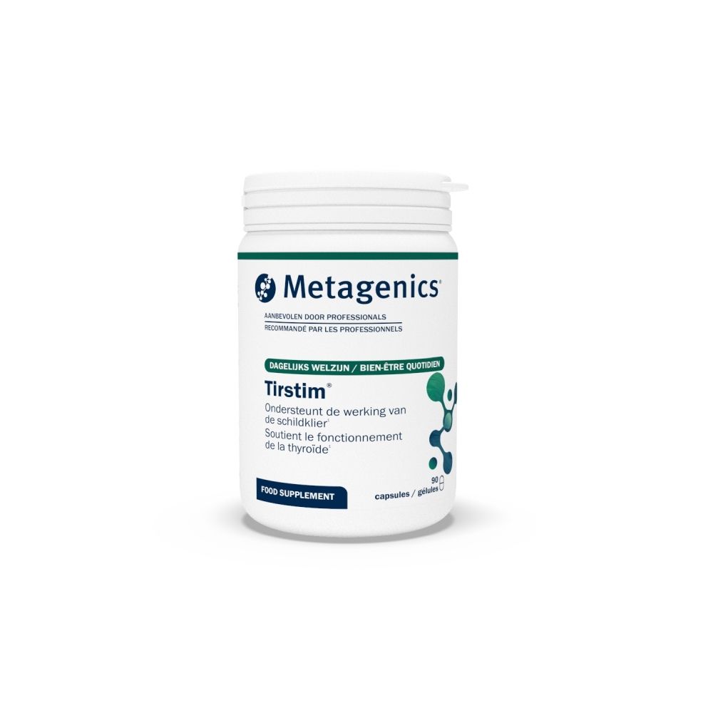 Flacon blanc Metagenics TirStim. Contient 90 gélules. Logo et nom du produit.