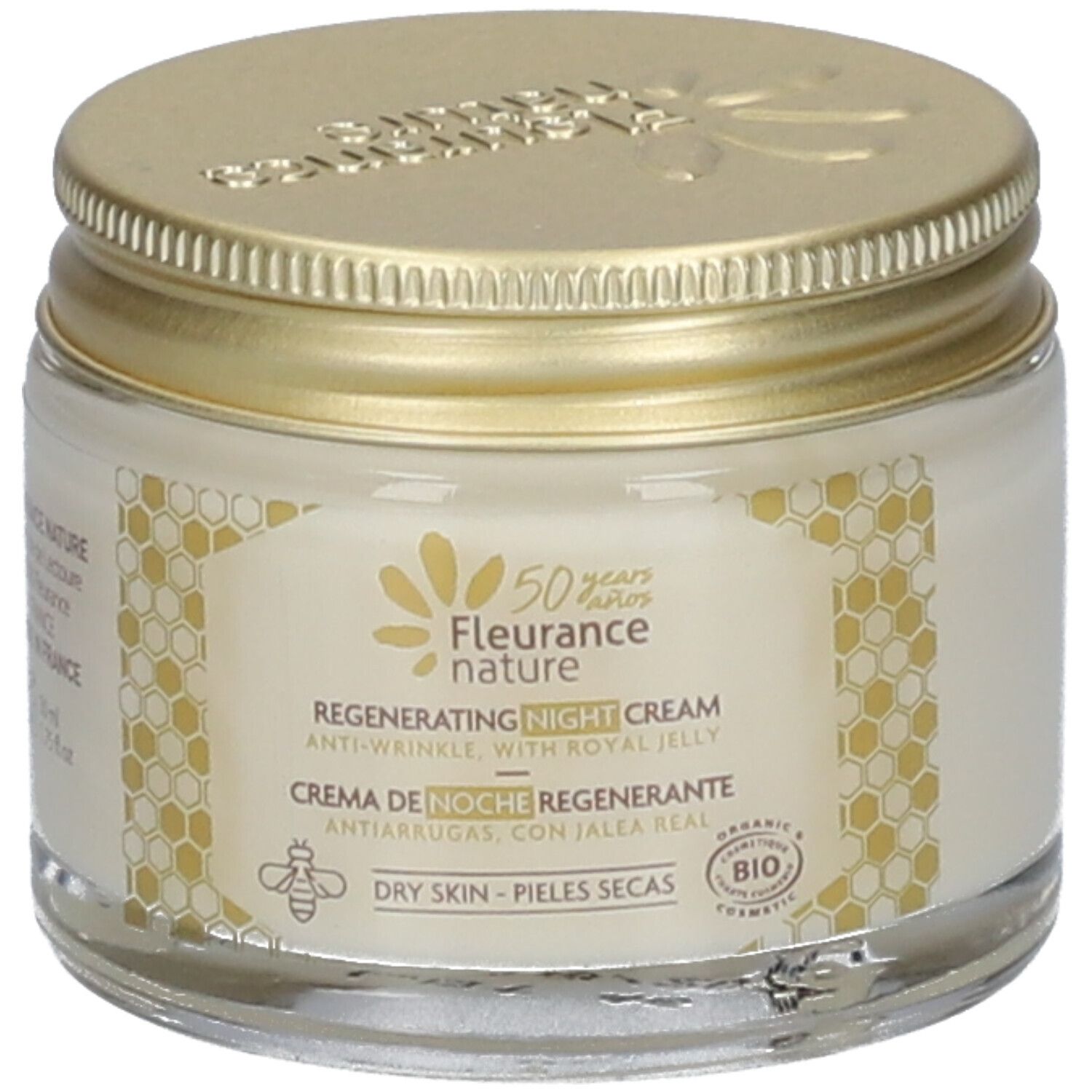 Creme-Glas mit goldenem Deckel. Aufschrift: Regenerierende Nachtcreme, Anti-Falten, mit Gelée Royale. Bio-Siegel.