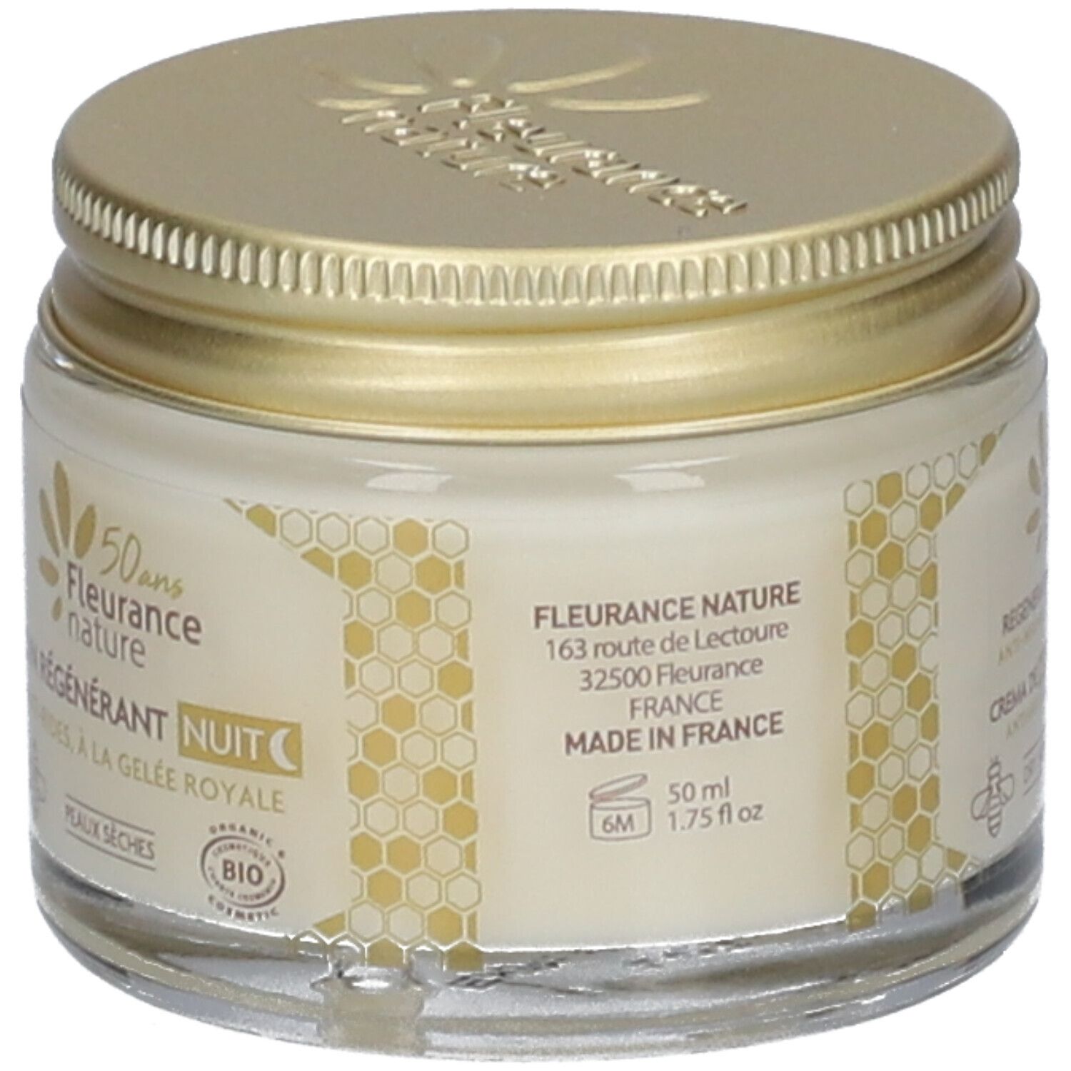 Creme-Glas mit goldenem Deckel. Aufschrift: Regenerierende Nachtcreme. Adresse und Herkunftsland: Frankreich. 50 ml.
