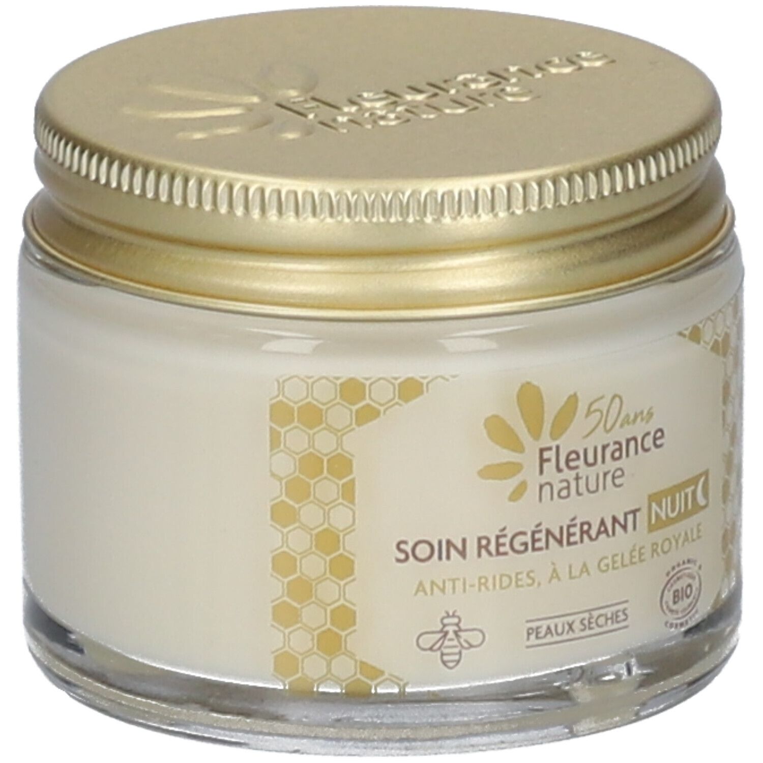 Creme-Glas mit goldenem Deckel. Aufschrift: Regenerierende Nachtpflege, Anti-Falten, mit Gelée Royale. Bio-Siegel.